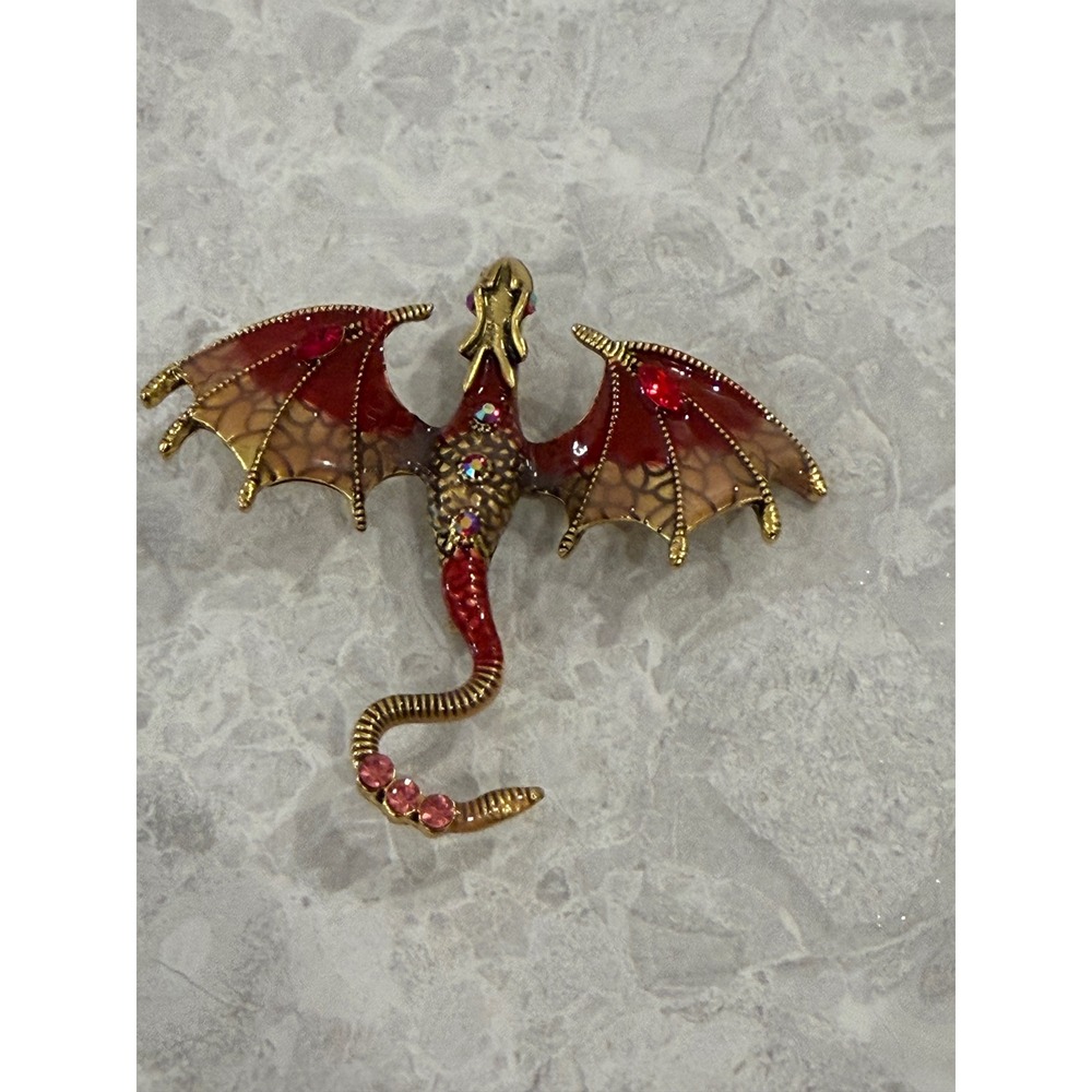 Vintage Style Red Enamel Dragon Brooch Gold Tone Rhinestone Fantasy Pin